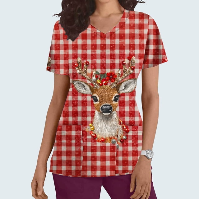 Puntoco Camiseta de enfermera con bolsillo y manga corta con estampado navideño y cuello en V para mujer