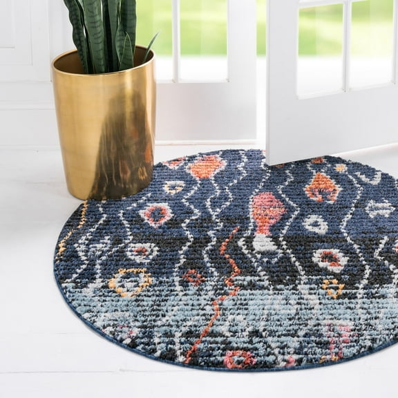 Rugs.com Morocco Collection Rug – 4 Ft Round Navy Blue High-Pile Rug Perfect For Kitchens, Dining Rooms