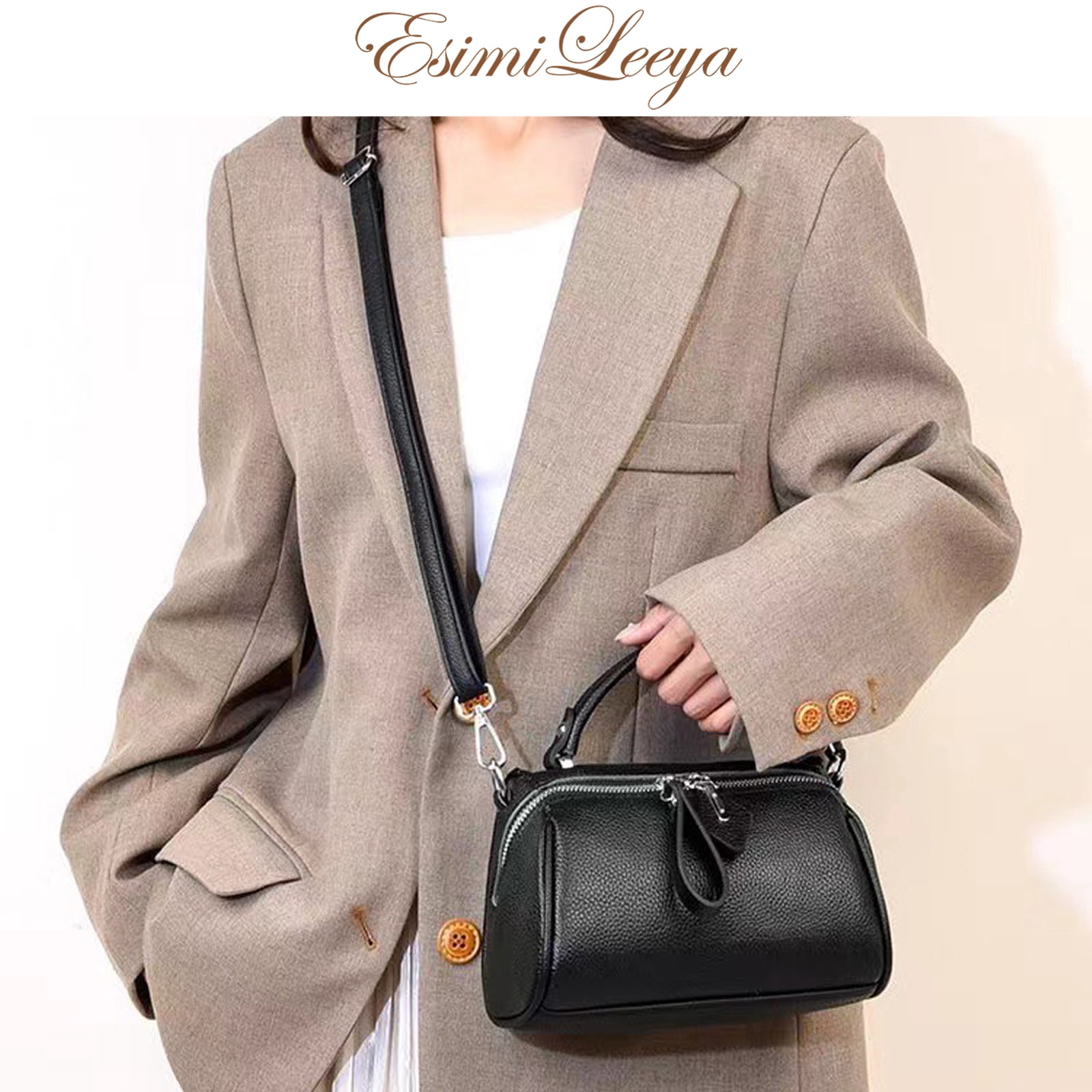 PORT&LOTUS Small Boston Bag Genuine Leather Crossbody Bag  Handbag for Women with Hand Strap and Adjustable Shoulder Strap.