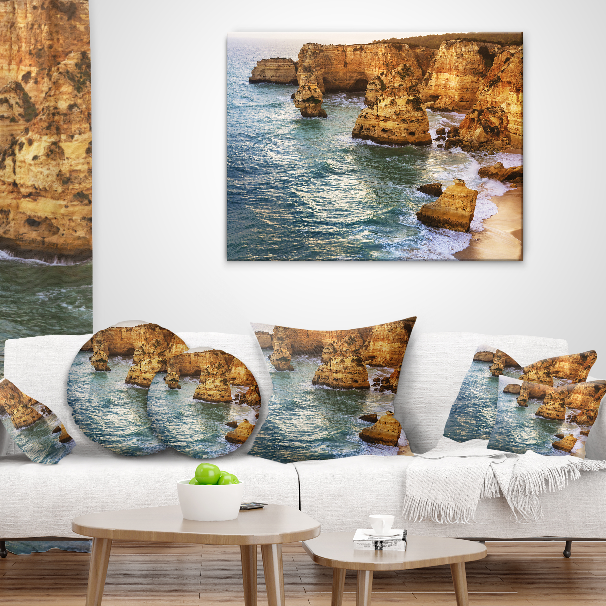 Designart Golden Rocks and Beach at Algarve - Seashore Throw Pillow - 18x18