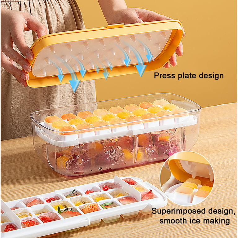 2 Pack Ice-Cube Tray With Lid And Bin Ice-Cube Trays For Freezer 64 Pcs Ice- Cube Mold (Yellow)