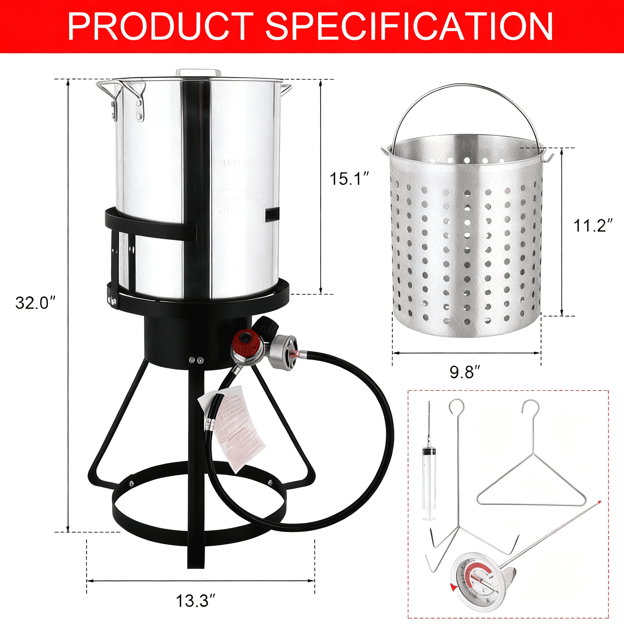 30QT Aluminum Turkey Fryer with Thermometer, 55000 BTU, Portable for Outdoor Cooking (Turkey/Seafood)