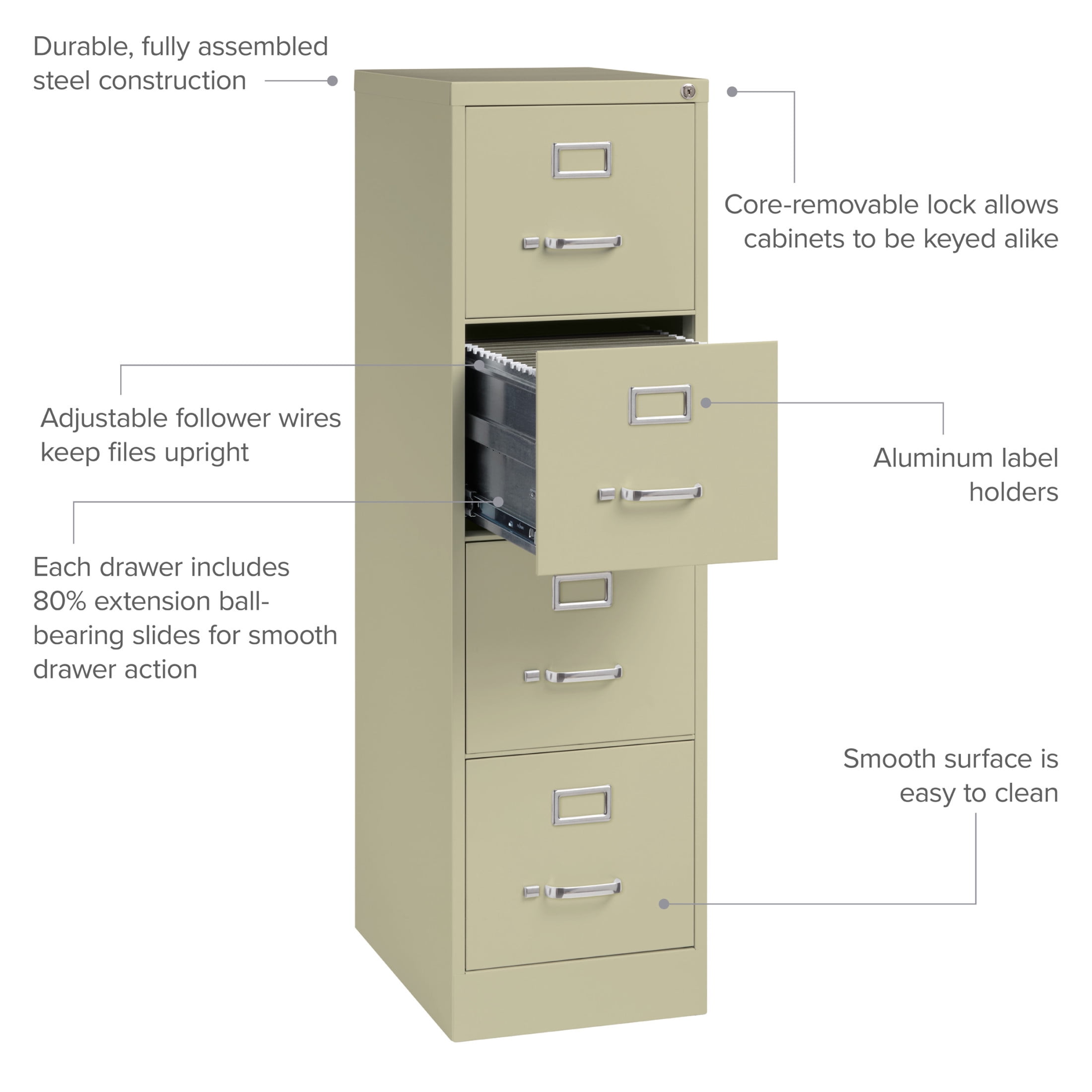 Hirsh 4 Drawer Letter Locking Metal Vertical File Cabinet, 22" Deep, Putty