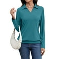 thumbnail image 2 of Womens T-Shirts Long Sleeve Banded Bottom Tops Business Casual Tops Collared V Neck Blouses Green S, 2 of 7