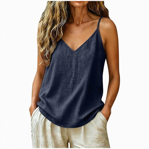 UOCUFY Linen Tank Tops for Women - Lightweight Loose Fit Gauze Camisole Tops | Sleeveless V Neck Blouse Cotton Casual Shirts for Summer Vacation 2026 (Navy, XL)