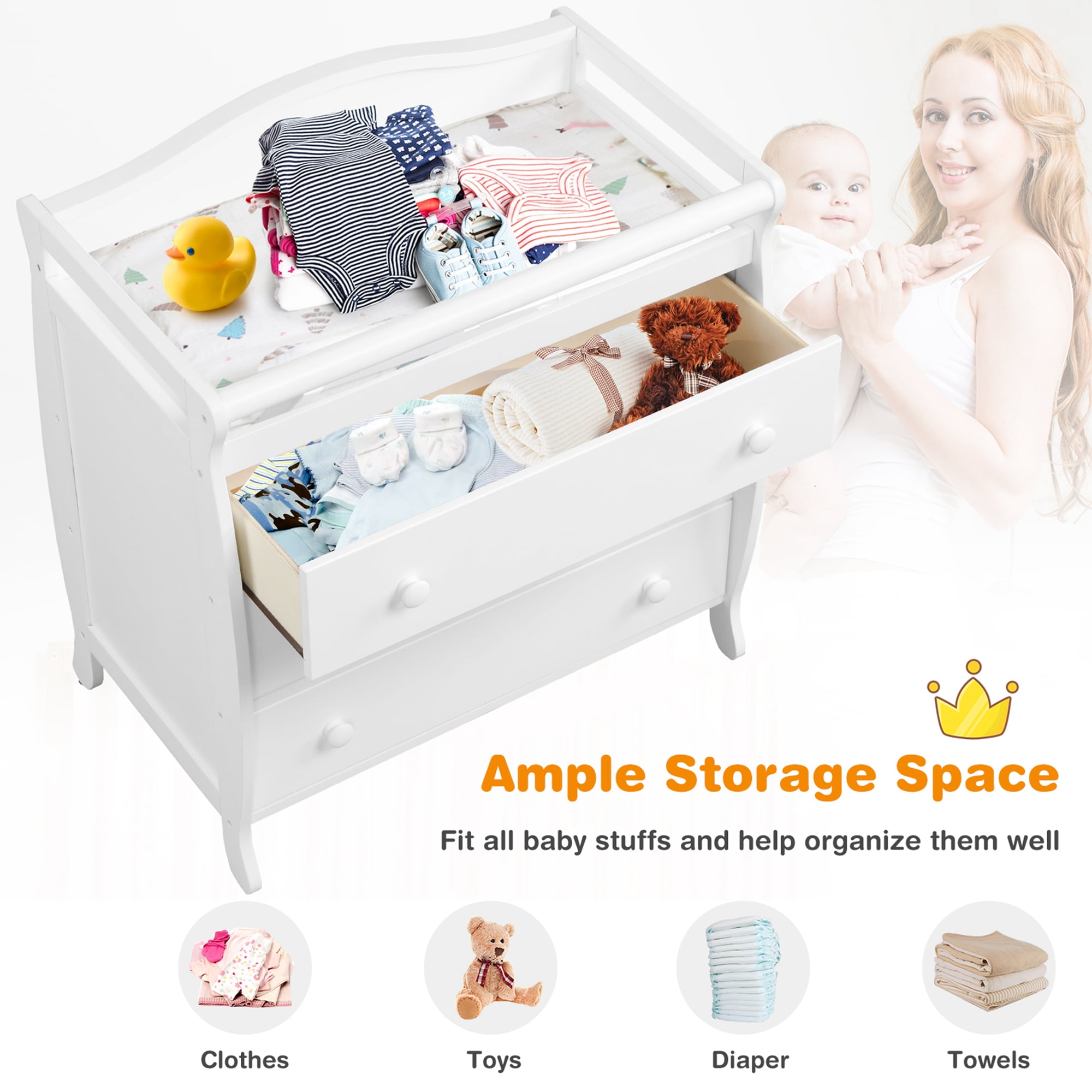 Costway 3 Drawer Baby Changing Table Infant Diaper Changing Station Wood with Safety Belt White Shop Black Friday Deals for 2024 Walmart