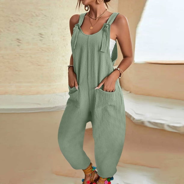 ICHUANYI Clearance Womens Fashion Summer Solid Color Casual Sleeveless Suspender Jumpsuit(Green, M) ICHUANYI WER2023080808645