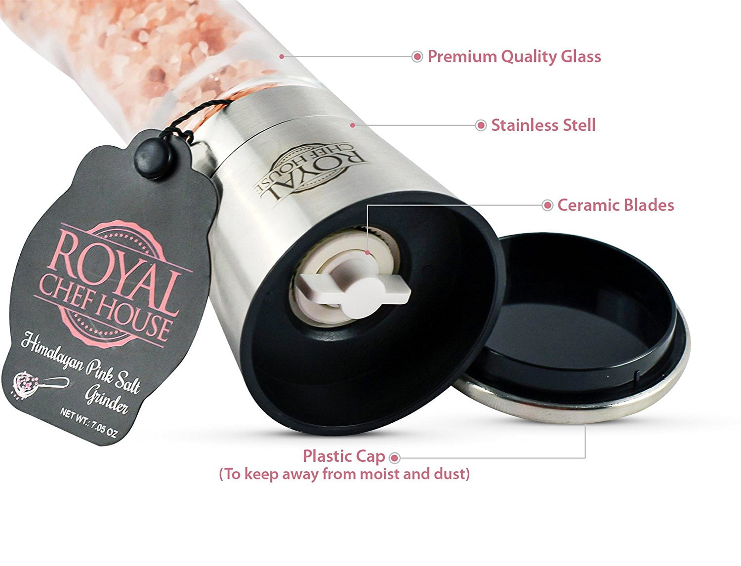 Himalayan Pink Salt & Black Pepper Grinders by Royal Chef House - Pre-filled with Himalayan Rock Salt and Pepper - Premium Glass and Stainless Steel Salt Mill and Pepper Mill