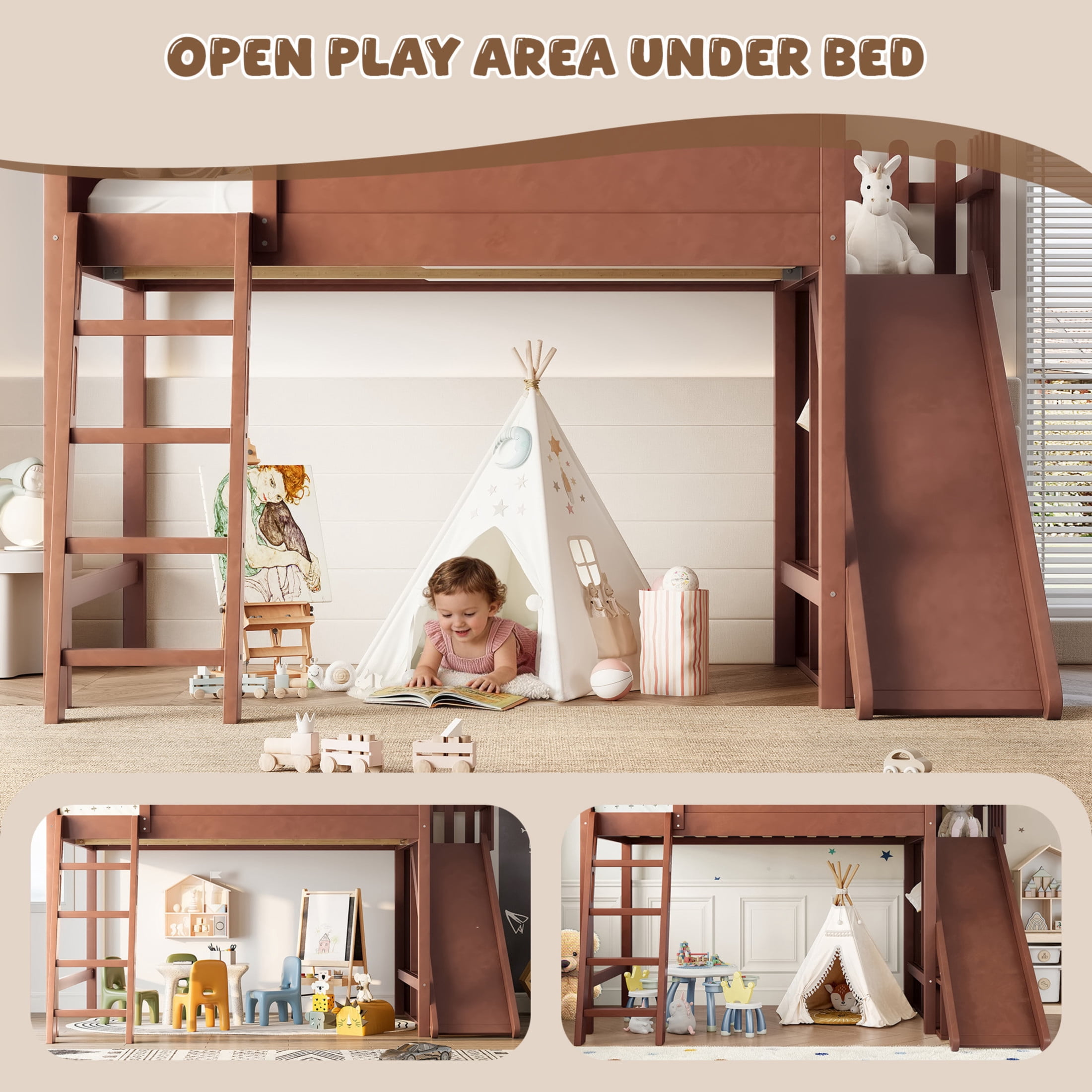 Noble House Full Loft Bed with Storage Shelves, Detachable Slide and Ladder, Antique Natural