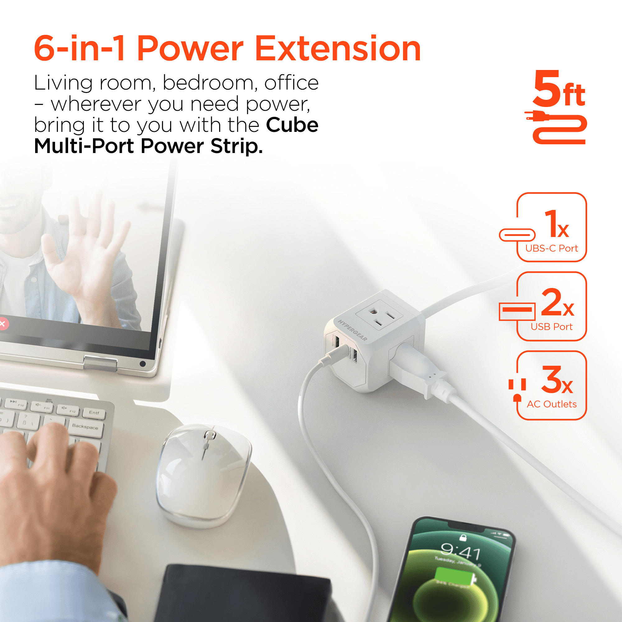 HyperGear CUBE 6-Outlet Multi-Port Power Strip Extension Cord with 5-Ft. Cord, White, 15706