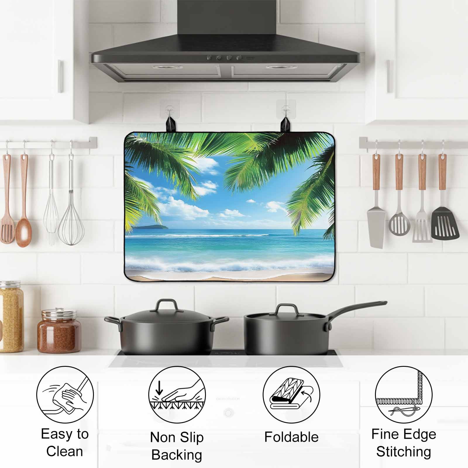 Beach Ocean Waves Stove Top Cover for Electric Stove, Heat-proof & Non Slip Glass Top Stove Cover Protector, Summer Tropical Palm Tree Leaves Kitchen Flat Cooktop Rubber Mat 24x21 Inches