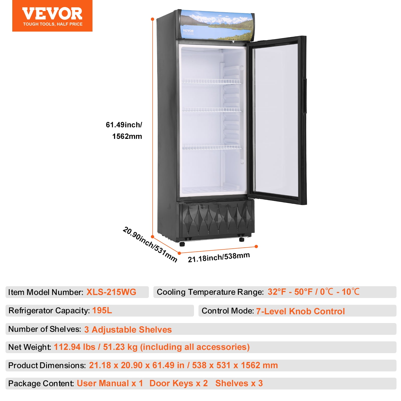 KFFKFF Commercial Merchandiser Refrigerator Cooler 6.8 Cu.Ft/ 195L with 3 Shelves