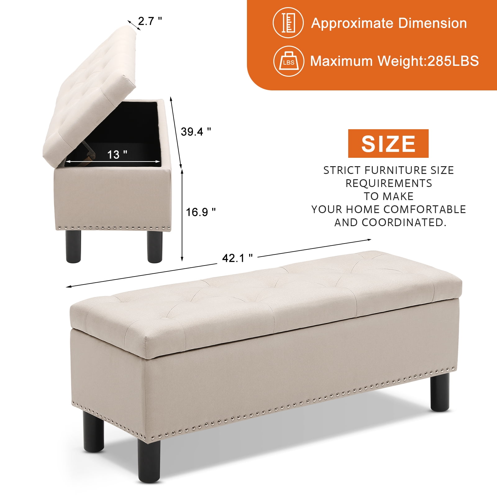 Furniliving Modern Upholstered Button Tufted Storage Ottoman Entryway Bench, Ivory
