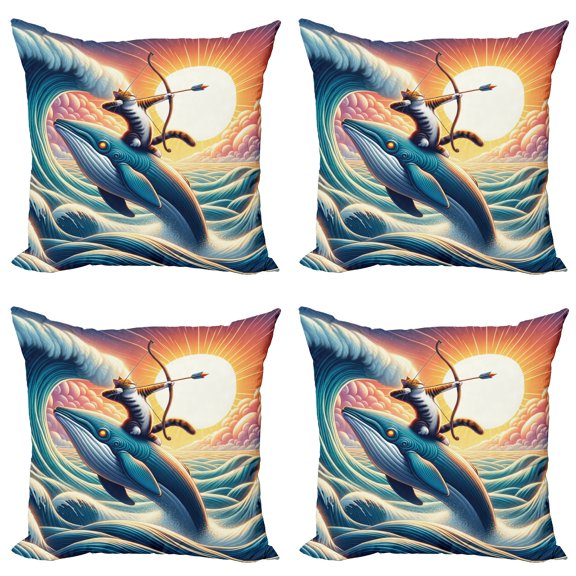 Ambesonne Nautical Throw Pillow Cover 4 Pack, Archer Wild Cat on a Whale, 16", Teal Purple and Orange