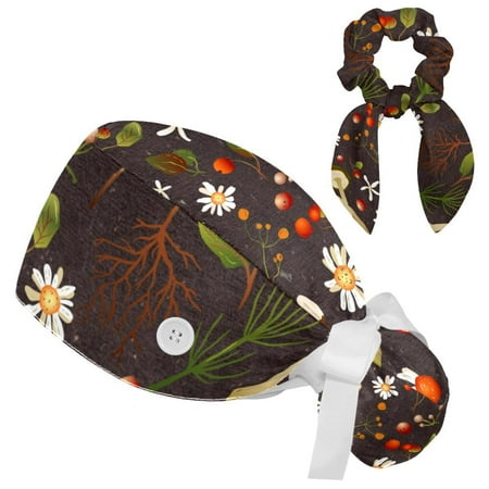 

Working Cap with Buttons and Sweatband Scrub Hat Bouffant Caps with Scrunchie Mushroom Tie Back Hats