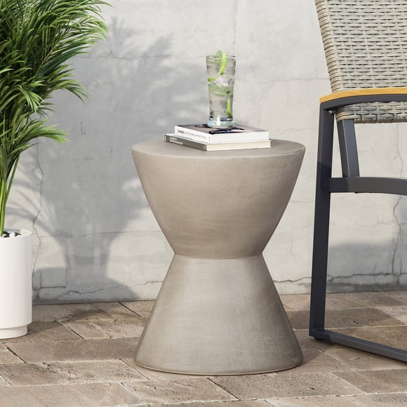 NEW Outdoor Side Table Light Grey, Lightweight Concrete Hourglass End Table for Patio, Garden, Balcony, Contemporary Pedestal Design, No Assembly Required