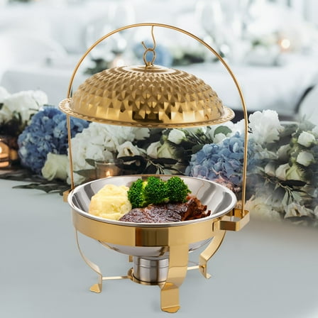 6L/6.3QT Round Chafing Dish with A Hanging Lid Stainless Steel Warming Tray Gold