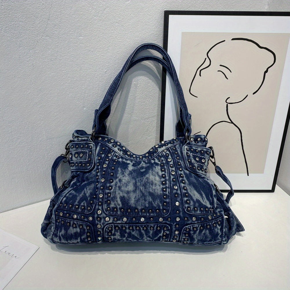 Women's Denim Hobo Bag, Versatile Trendy Y2K Underarm Bag, Versatile Bag  With Rivets Decor