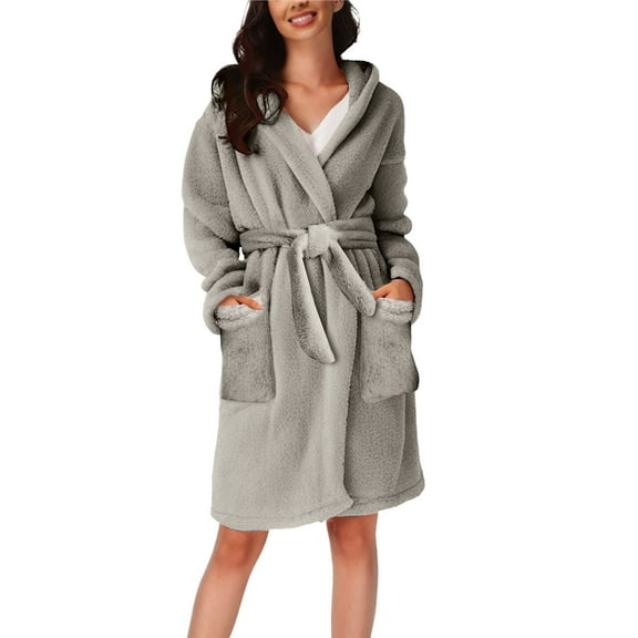 Women's Nightgowns Women'S Solid Colour Long Sleeve Pocket Hooded Knee Short Plush Pajamas Robe Homewear Bathrobe, Women's Sleepwear XXXXL