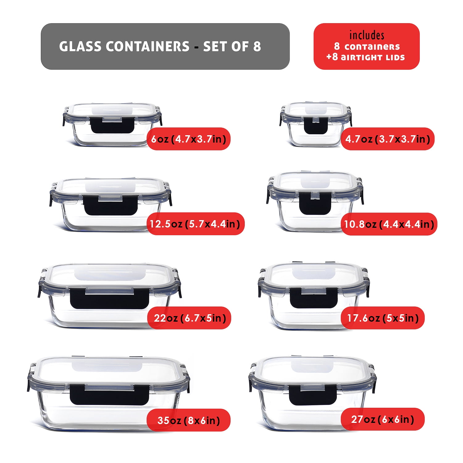 Lammaloe 16 Piece Glass Storage Containers with Lids Airtight, Leakproof, Glass Meal Prep Containers, Oven, Microwave, Freezer Safe