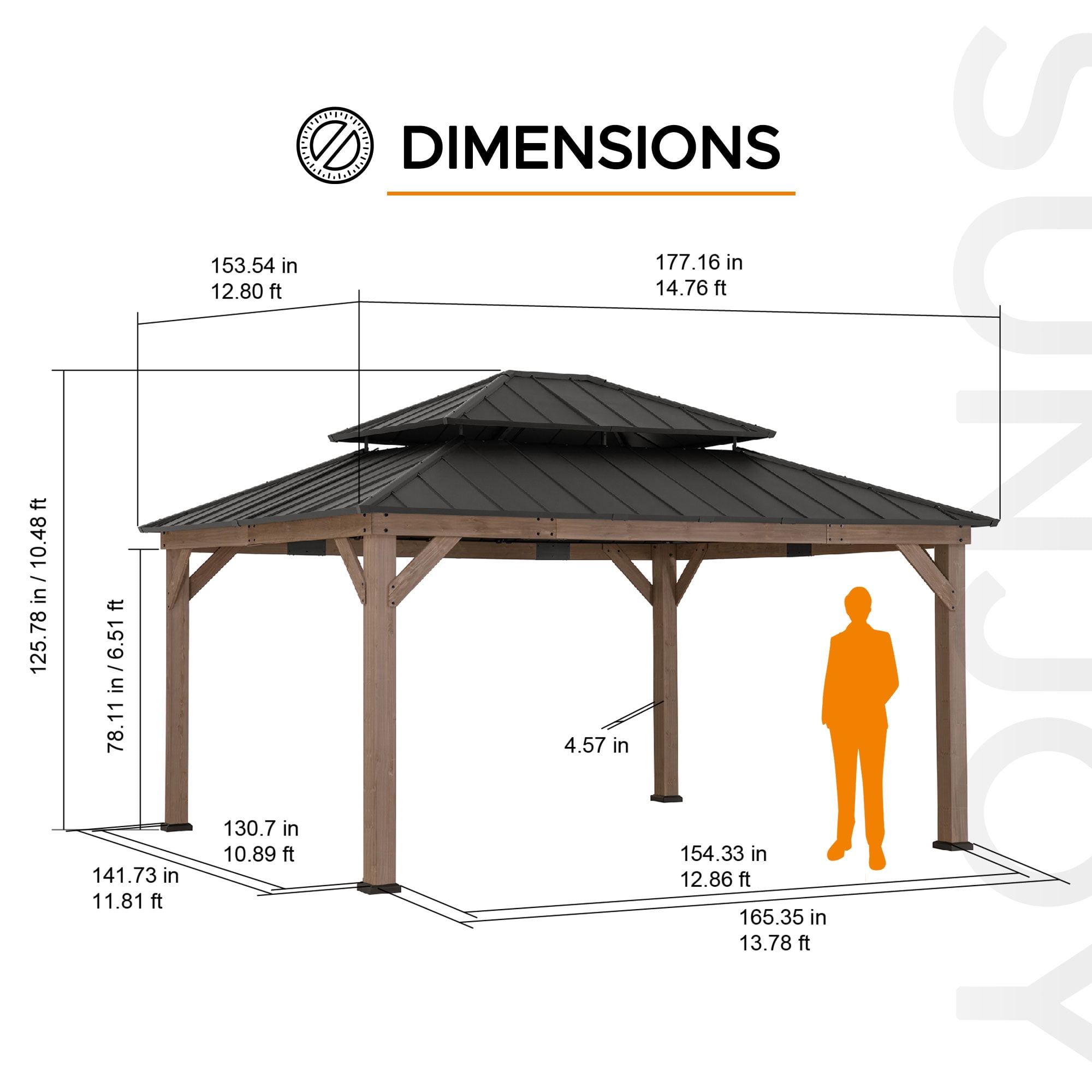 SUNJOY 13 x 15 ft. Wood Gazebo, Outdoor Patio Steel Hardtop Gazebo, Cedar Framed Wooden Gazebo with 2-Tier Metal Roof, Suitable for Patios, Lawn and Backyard, Dark Brown Roof + Dark Wood Frame