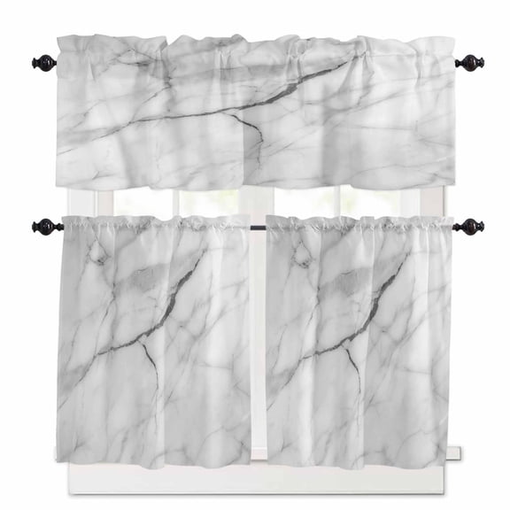White Marble Kitchen Curtains Valances and Tiers Set of 3, 24 Inch Length Tier Curtains and Valance Rod Pocket Valance Curtains Set for Kitchen Bathroom Small Windows