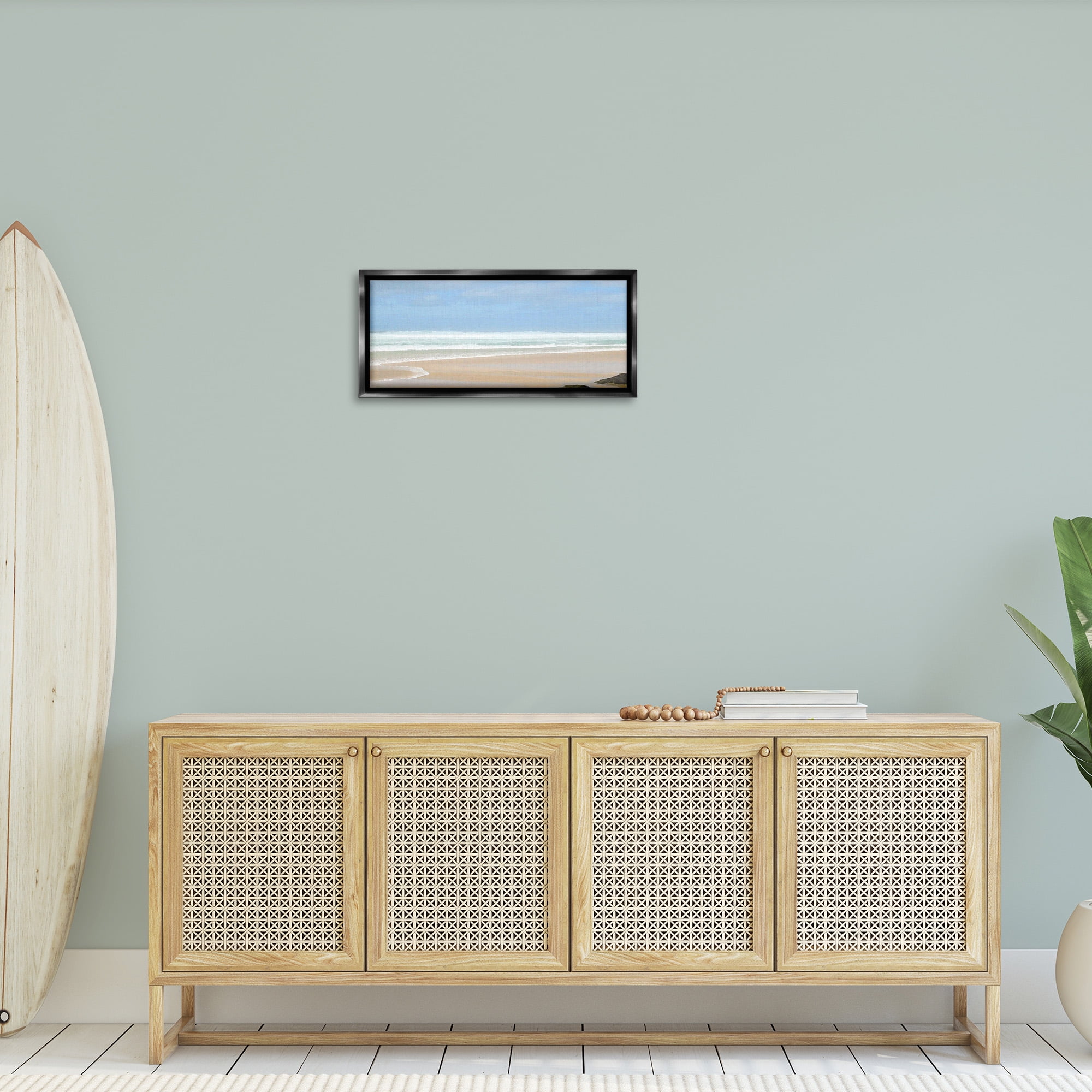 Stupell Industries Panoramic Abstract Shoreline Landscape Painting Black Floater Framed Canvas Art Print Wall Art, 25 x 11