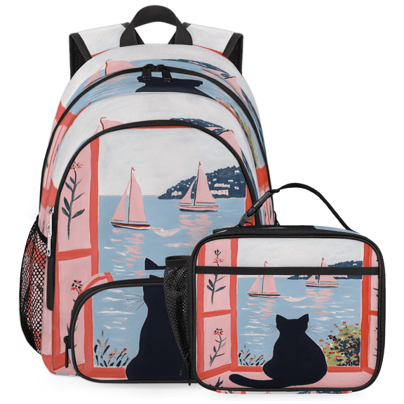 Herdesigns Cute Large Backpack Set with Lunch Box Lightweight Water Resistant Travel Laptop Backpacks Casual Daypacks for Women Men, Black Cat