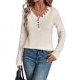 thumbnail image 2 of Camisetas de Punto Suaves y Transpirables para Mujer, con Cuello en V, Botones, Larga, Corte Holgado, Cálidas, Tipo Suéter Caqui 4XL, 2 of 10