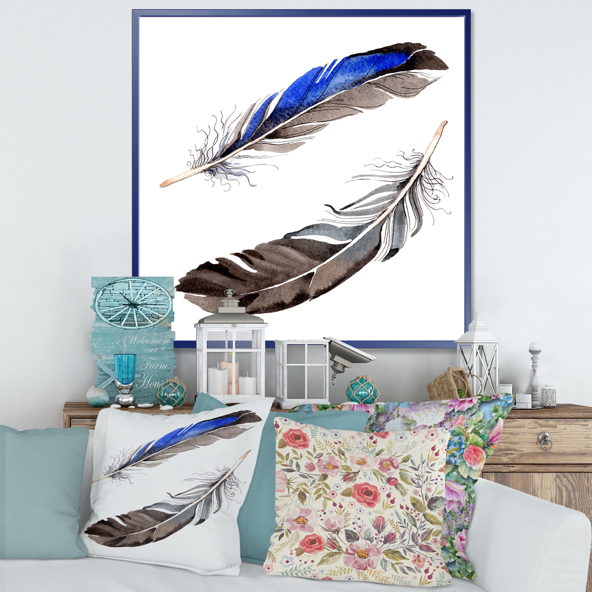 Designart 'Colourful Boho Art Feathers III' Bohemian & Eclectic Framed Canvas Wall Art Print