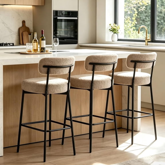 Boucle Counter Height Bar Stools Set of 3, 28 inch Beige Barstools with Back, Mid-Century Modern Bar Chairs for Kitchen Island, Dining Room, Club