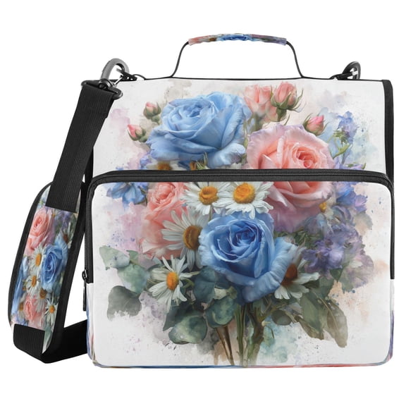 Water-Resistant 3-Ring Binder Organizer with Multiple Pockets Zipper Binder Bag for Office Blue-pink Roses and Daisies