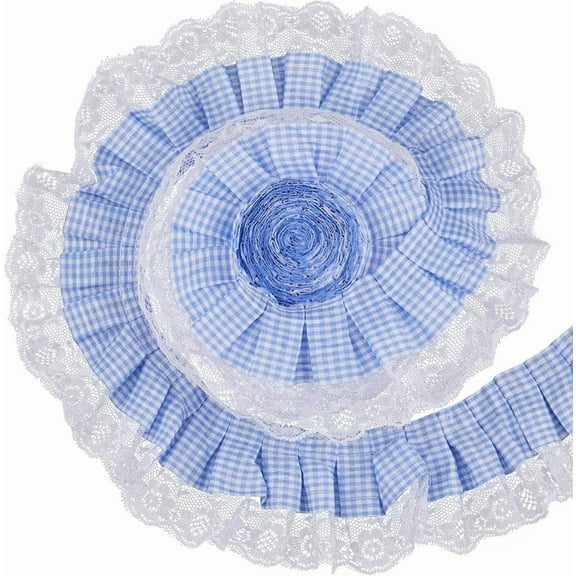 5 Yards Blue Gingham Ruffle Pleated Lace Edge Trim 2.5 Inch Gathered Mesh Chiffon Ribbon Fabric Checkered Taffeta Plaid Embroidered Tulle Applique Edge Trimming