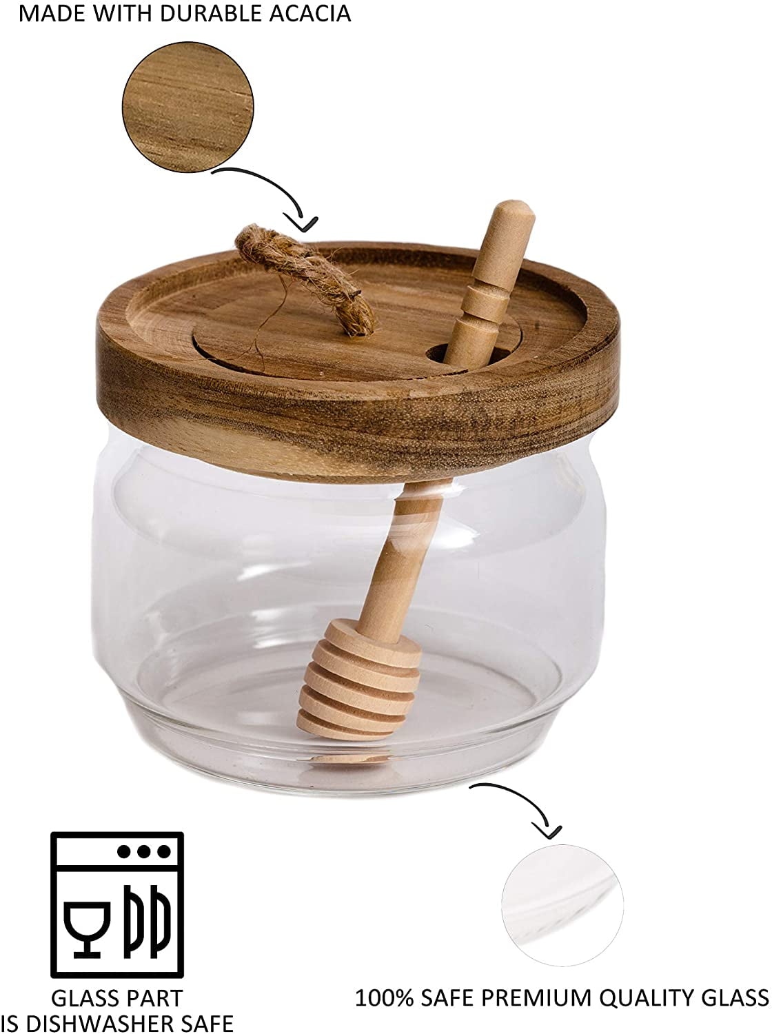 Honey Jar Pot Glass Holder Dispenser Set with Wooden Dipper Stick and Acacia Lid Cover for Home Kitchen, Clear, Modern Syrup Container Storage Gift, Drizzler (9 Oz)