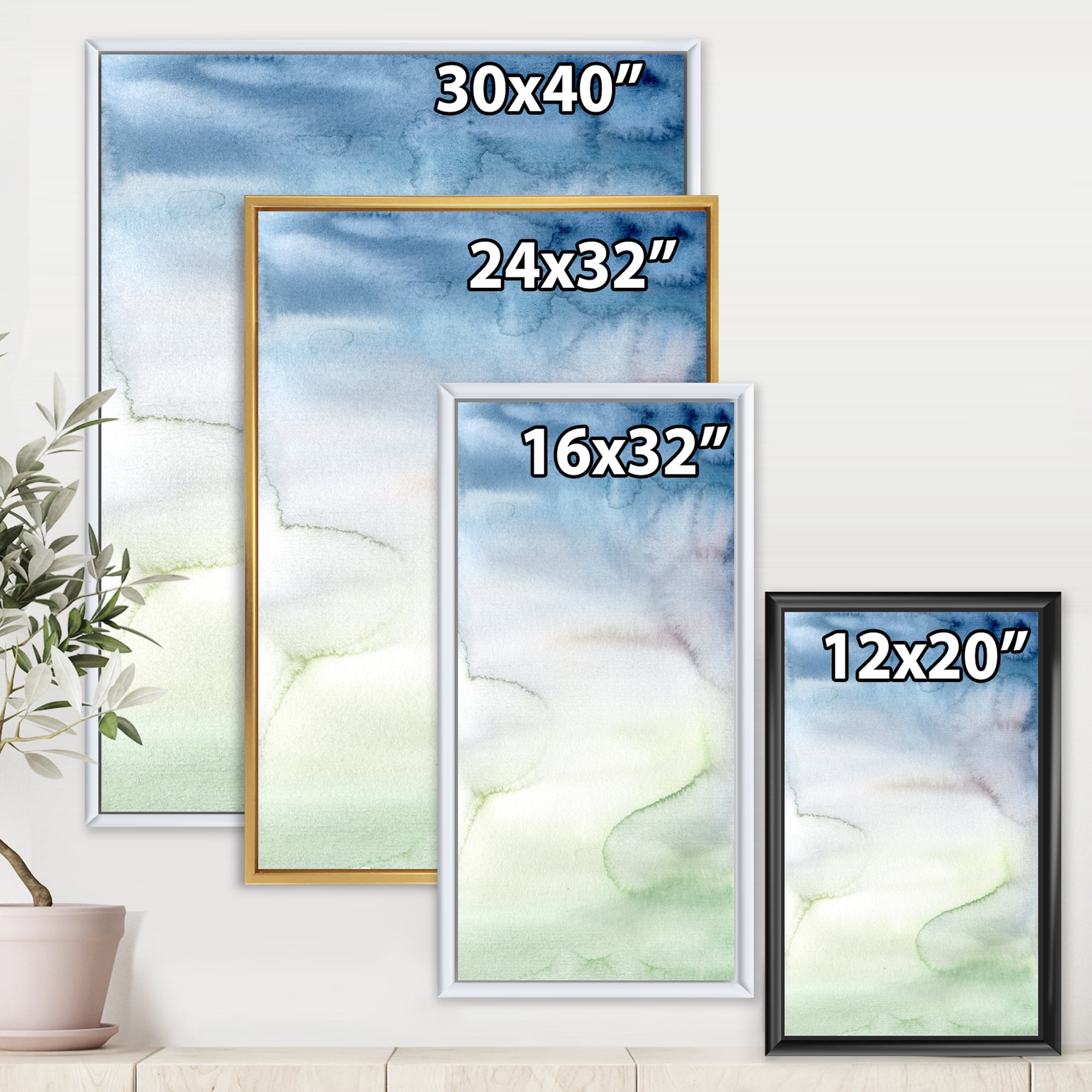 Pastel Abstract With Green Dark Blue and White Spots 16 in x 32 in Framed Painting Canvas Art Print, by Designart