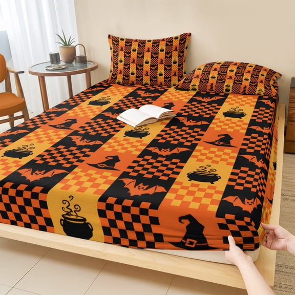 Full Size Fitted Sheet Set - Halloween 3 Piece Bedding Sets 16" Deep Pocket Fitted Sheet with 2 Pillowcases, Orange Black Plaid Bat Gingham Spook Brushed Microfiber Hotel Luxury Bed Sheets