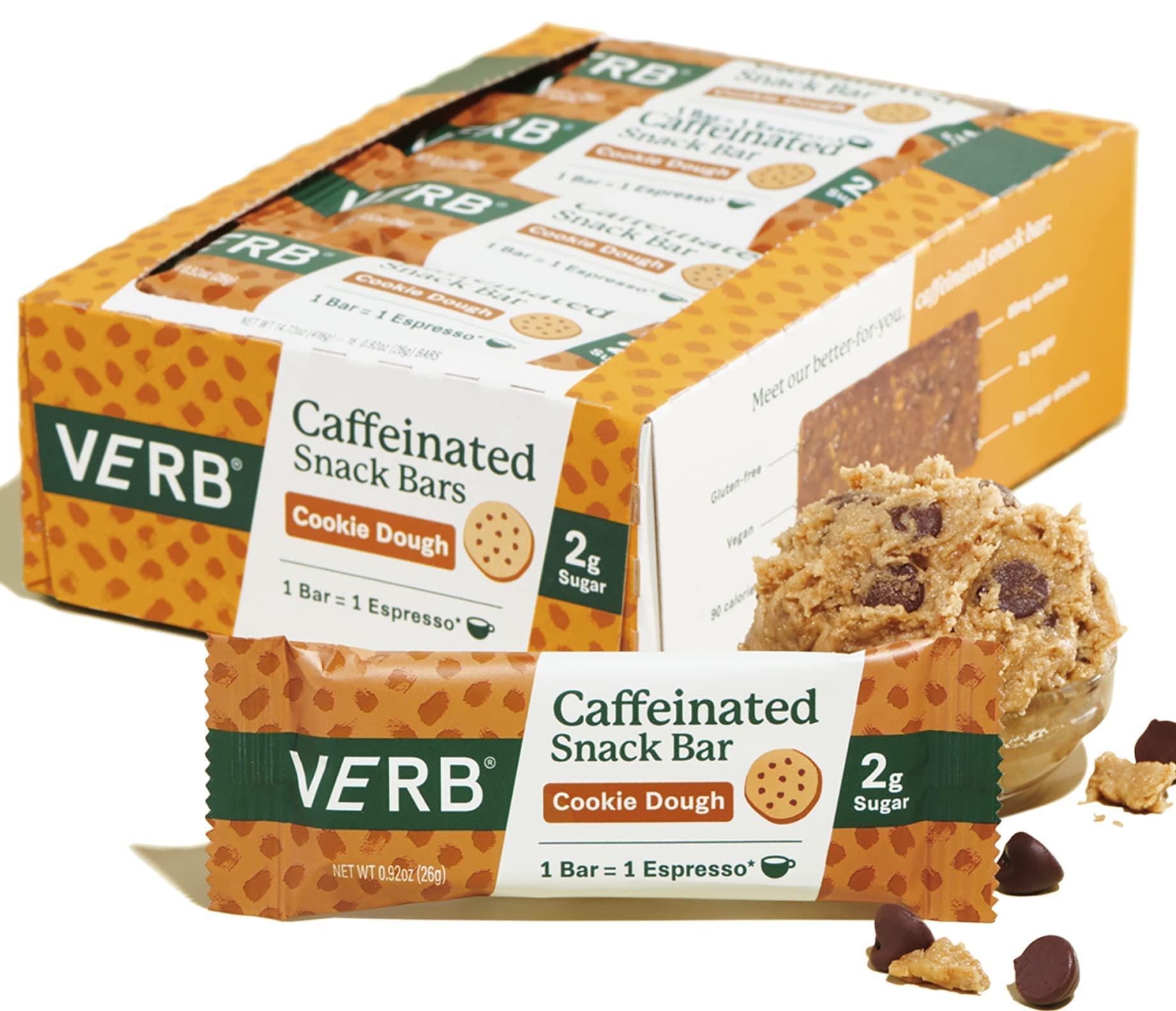 Verb Caffeinated Snack Bars, Cookie Dough (2g Sugar) 16ct Box