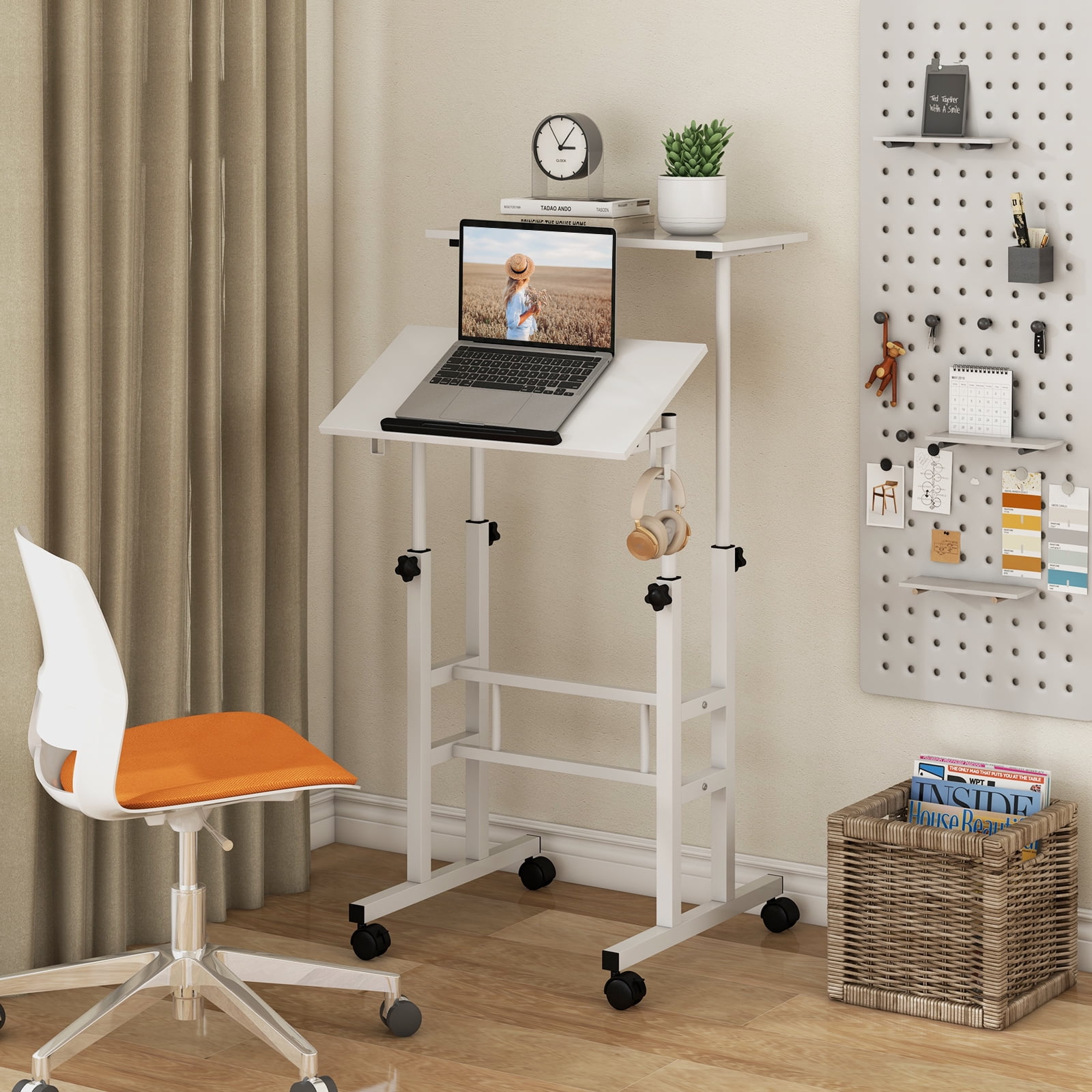 Giantex Mobile Standing Desk, Height Adjustable Sit to Stand Desk, Portable Laptop Desk, 2-Tier Computer Workstation for Home Office, White