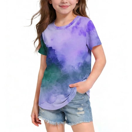 PIGOGI Kids Short Sleeve Graphic Tee Round Neck Watercolor Gradient Print TShirt Breathable Casual Top for Boys Girls Ages 6-14
