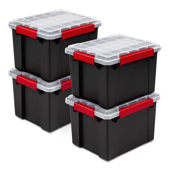 Sterilite 8.5 Gal Gasket Box, Stackable Plastic Storage Container with Lid, Black, 4 Pack