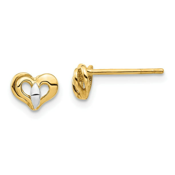 Solid 14k Yellow Gold Two Toned Heart Post Studs Earrings - 4mm x 6mm