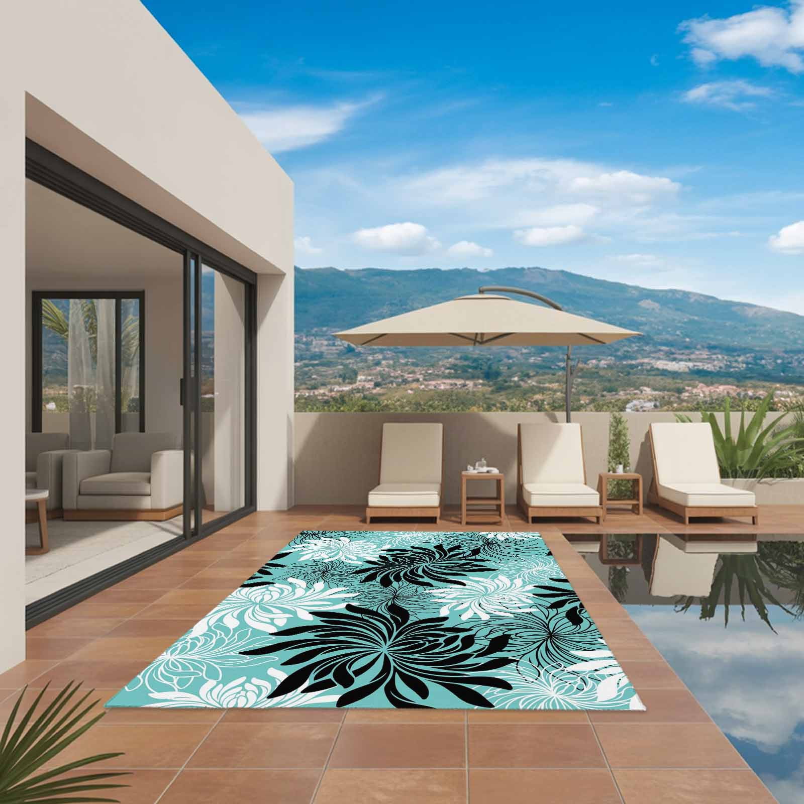 Teal Black Flowers Outdoor Rug for Patio/Deck/Porch, Non-Slip Large Area Rug 6 x 9 Ft, Modern Abstract Blooms Floral Indoor Outdoor Rugs Washable Area Rugs, Reversible Camping Rug Carpet Runner