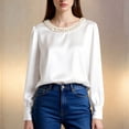 thumbnail image 2 of XAOFW Women's T-Shirts Long Sleeve Pearl Neckline Solid Color Elegant Satin T Shirt Everyday Wear Loose Fit Tee Shirts Outdoor Activities Comfortable Stylish Top, 2 of 4