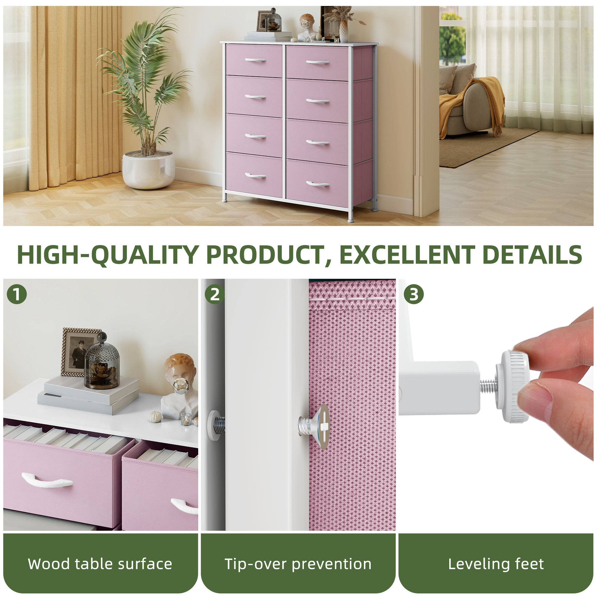 Uforic 8 Drawer Dresser, Fabric Storage Dressers for , Robust Metal Frame, Wood Finish Top