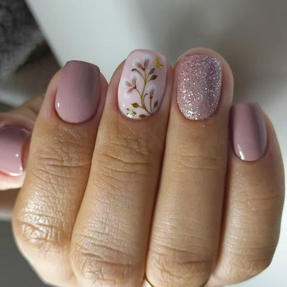 24 Pcs Glittering Full Covers False Nails Short Square Press On Nails Flowers on Nails Simple Acrylic Nails