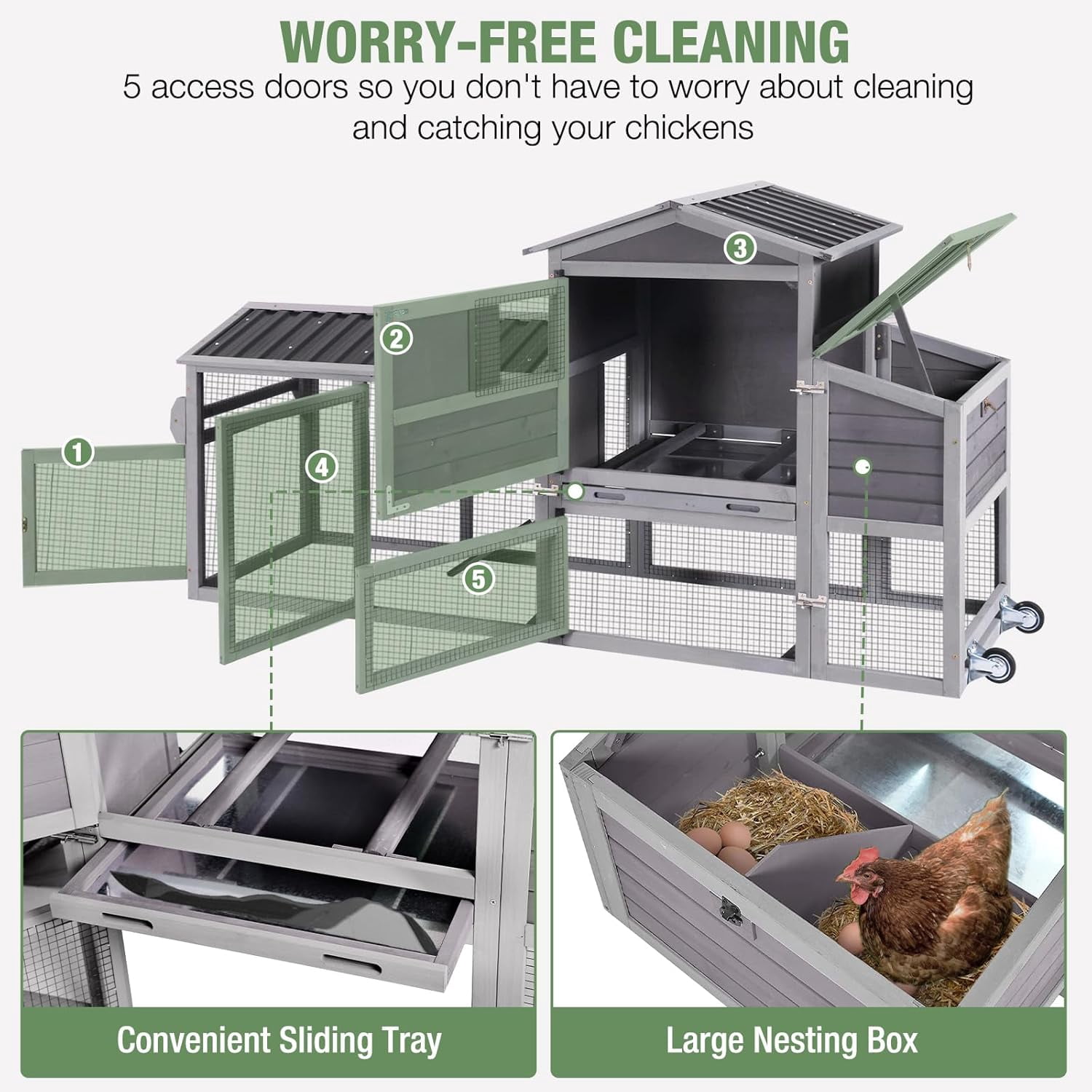 Aivituvin 83" Large Chicken Coop for 4-6 Chickens, Mobile Hen House Outdoor Wooden Poultry Cage with Wheels Nesting Box Run