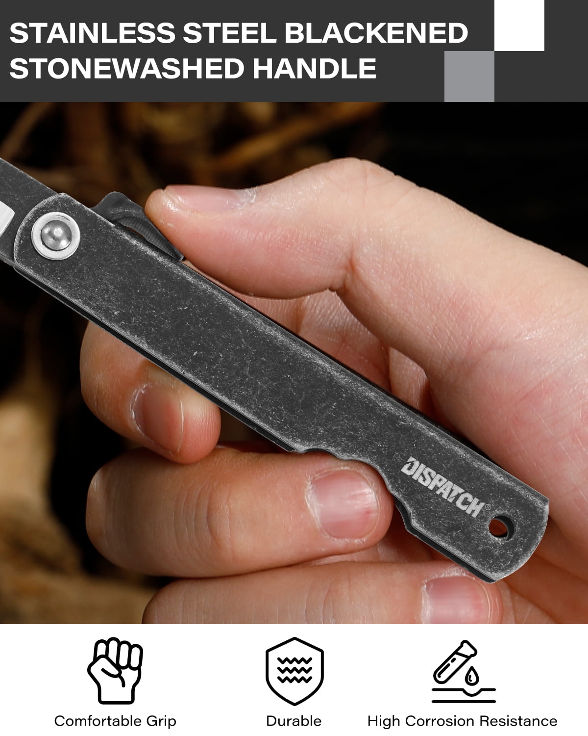 Dispatch 3.6'' Lockless Folding Pocket Knife, 7Cr Blackened Stone-Washed Blade, Stainless Steel Blackened Stone-Washed Handle with Black PU Sheath