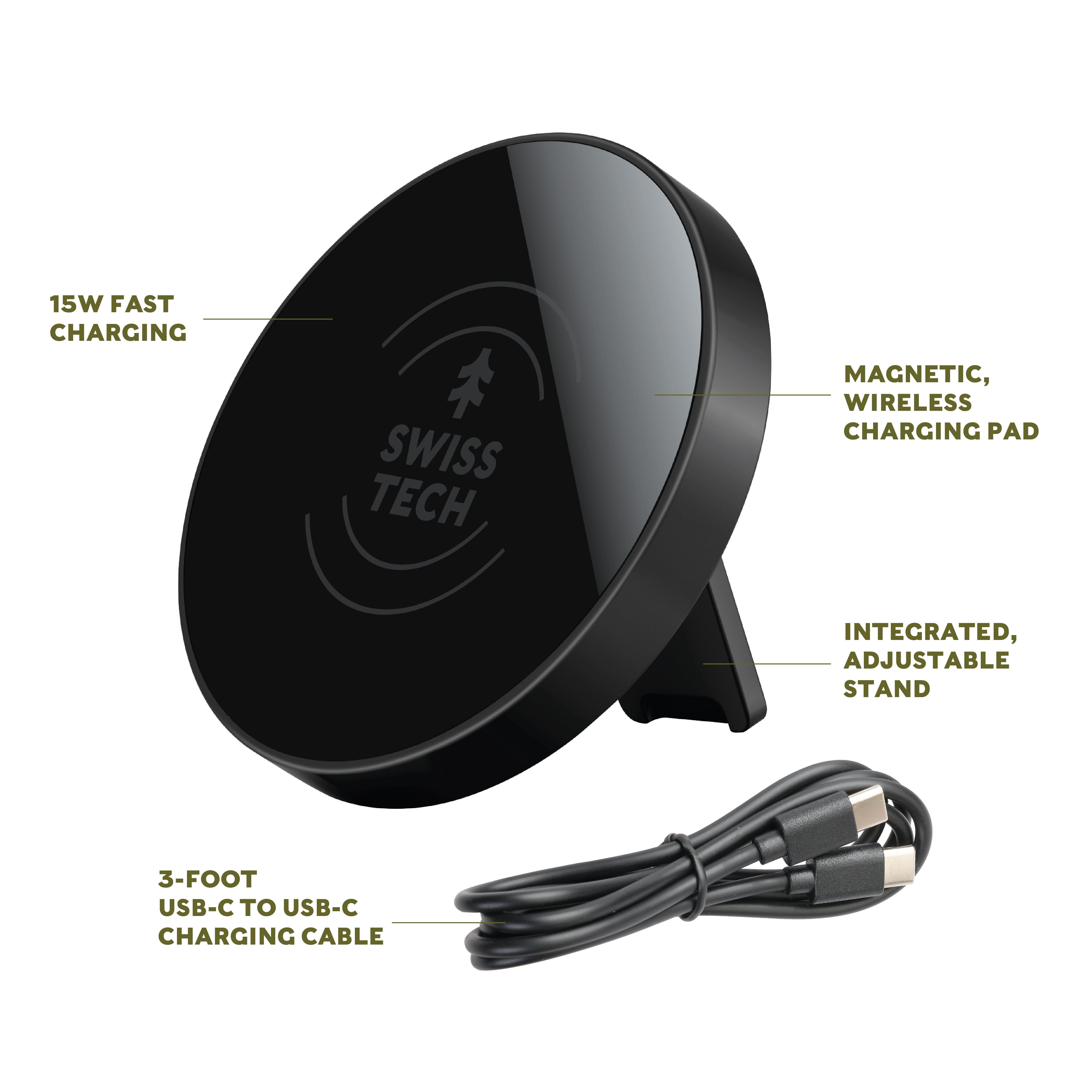 Swiss Tech Beleben 15W Magnetic Wireless Charging Pad with Stand, Fast Qi Charger