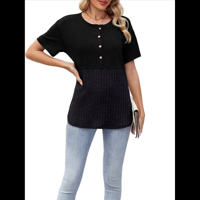 Blusas de Corta con Cuello Redondo y Botones para Mujer, y Verano 2025 Negro S