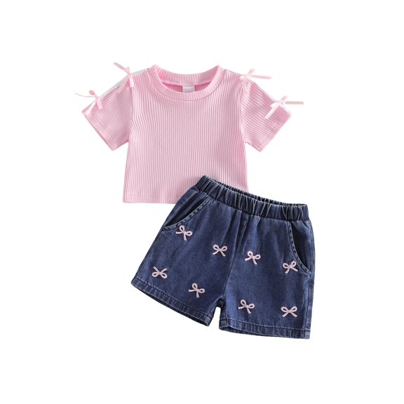 BemeyourBBs Toddler Baby Girl Summer Clothes 2 Piece Denim Outfits Short Sleeve T Shirt Tops and Bow Cherry Embroidery Jeans Shorts Set Toddler Girls Spring Summer Outfit